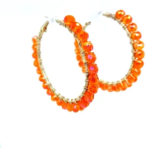Orange Beaded Gold Hoop Earrings Large