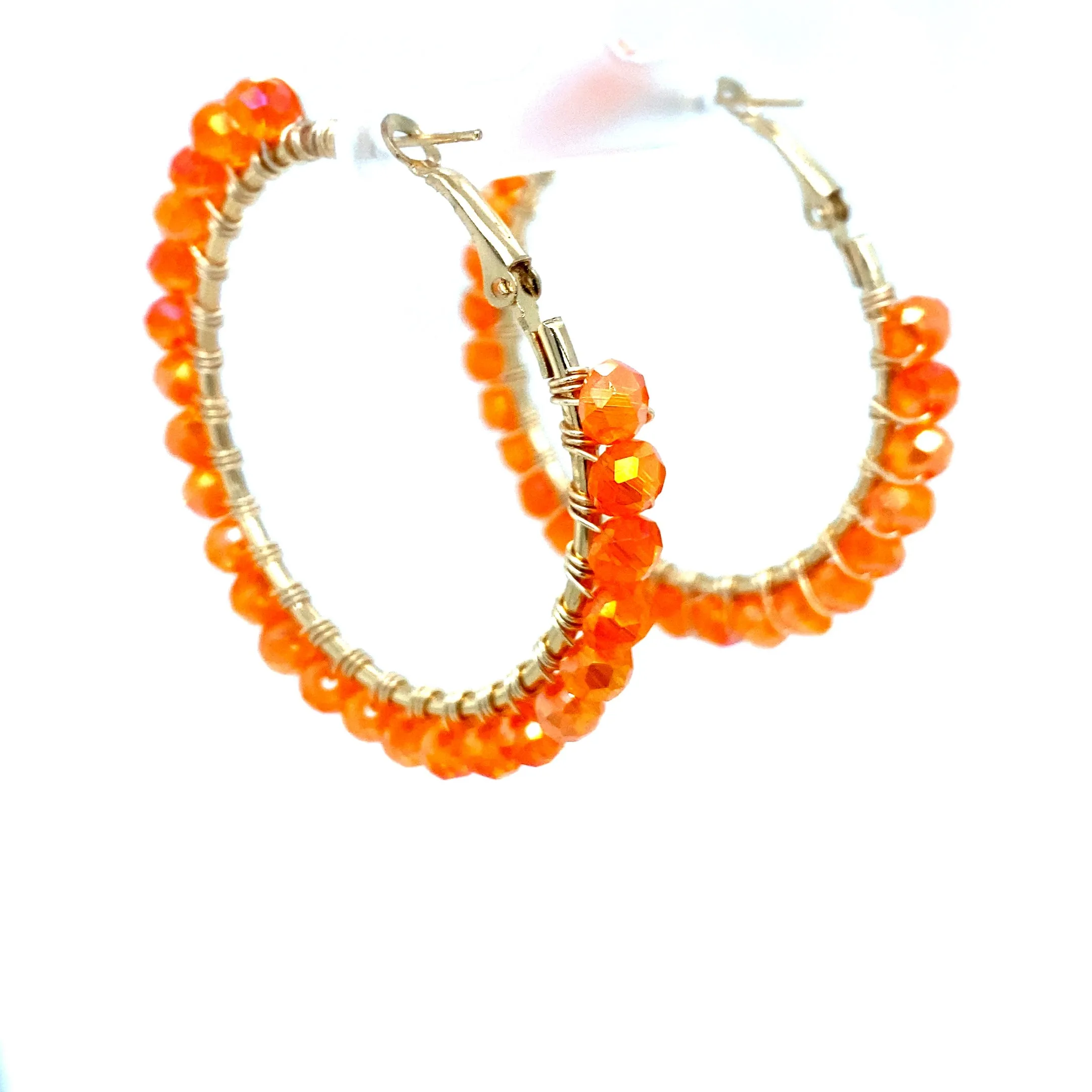 Orange Beaded Gold Hoop Earrings Large