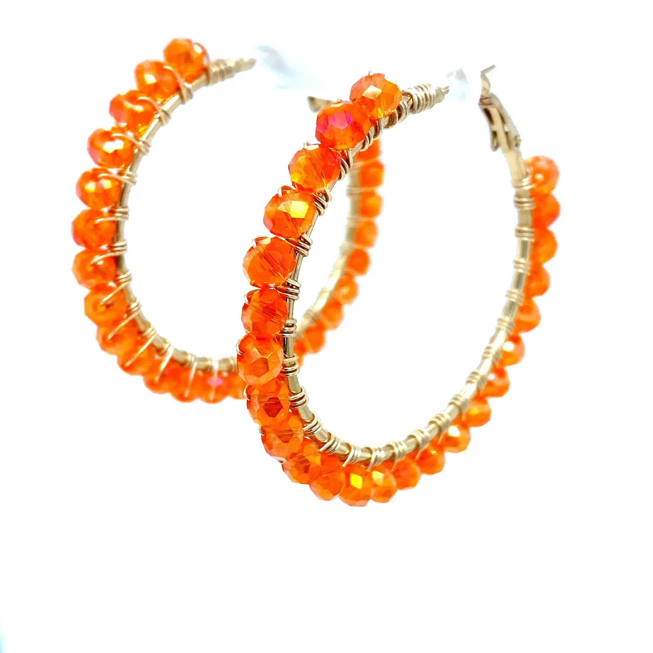 Orange Beaded Gold Hoop Earrings Large