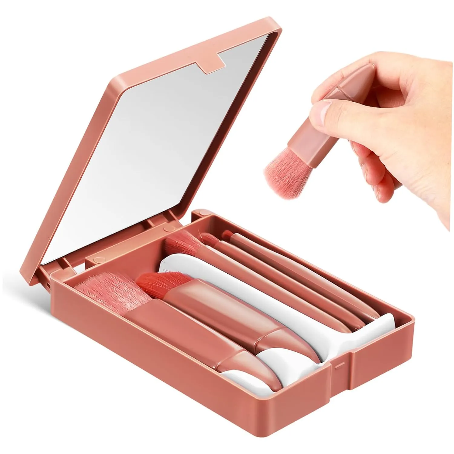 PartyKindom 1Set Portable Makeup Brush with Integrated Mirror Compact Travel Face Brush Kit for Foundation Concealer and Eye Shadow present for Makeup Lovers Gentle