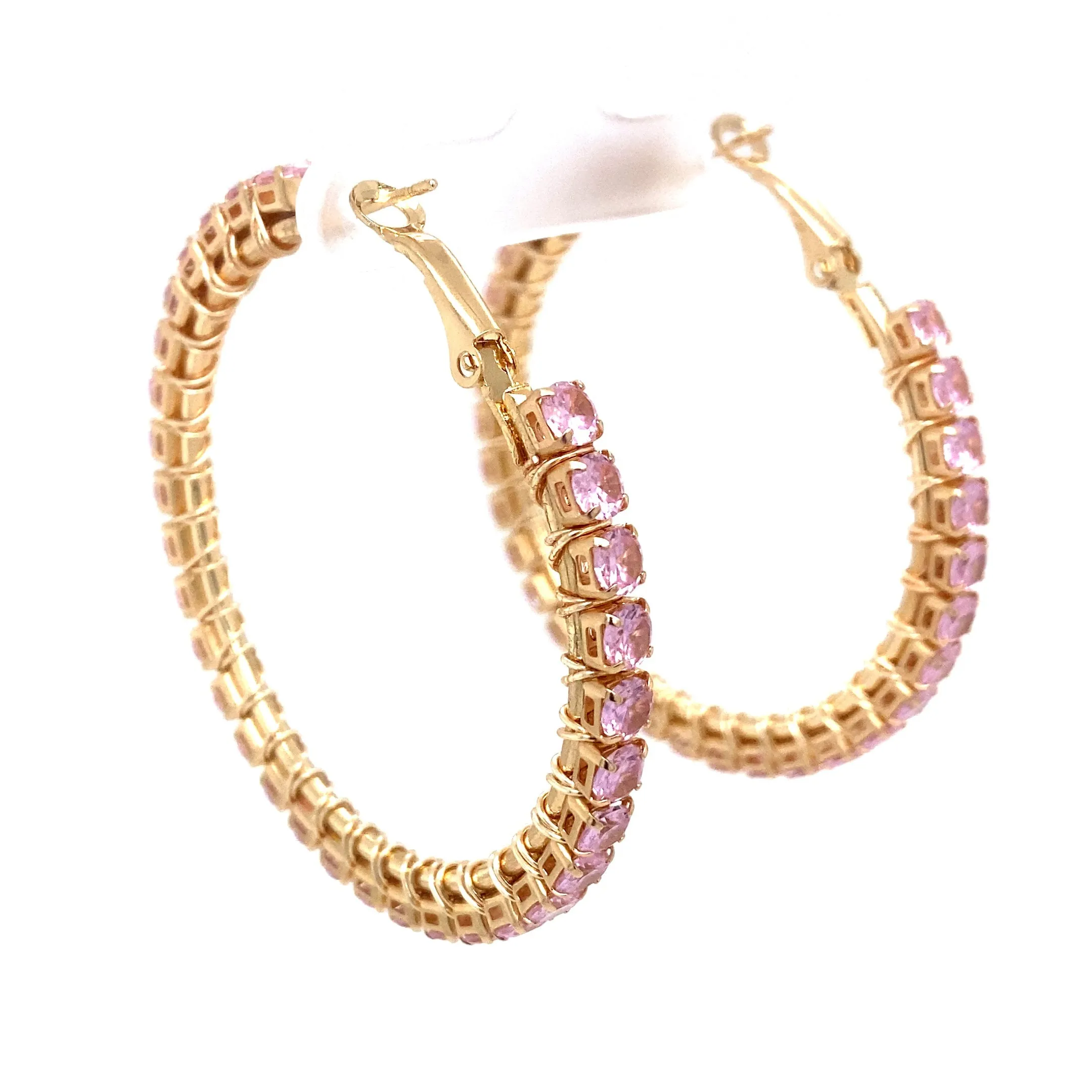 Pink & Gold Rhinestone Gold Hoop Earrings Large