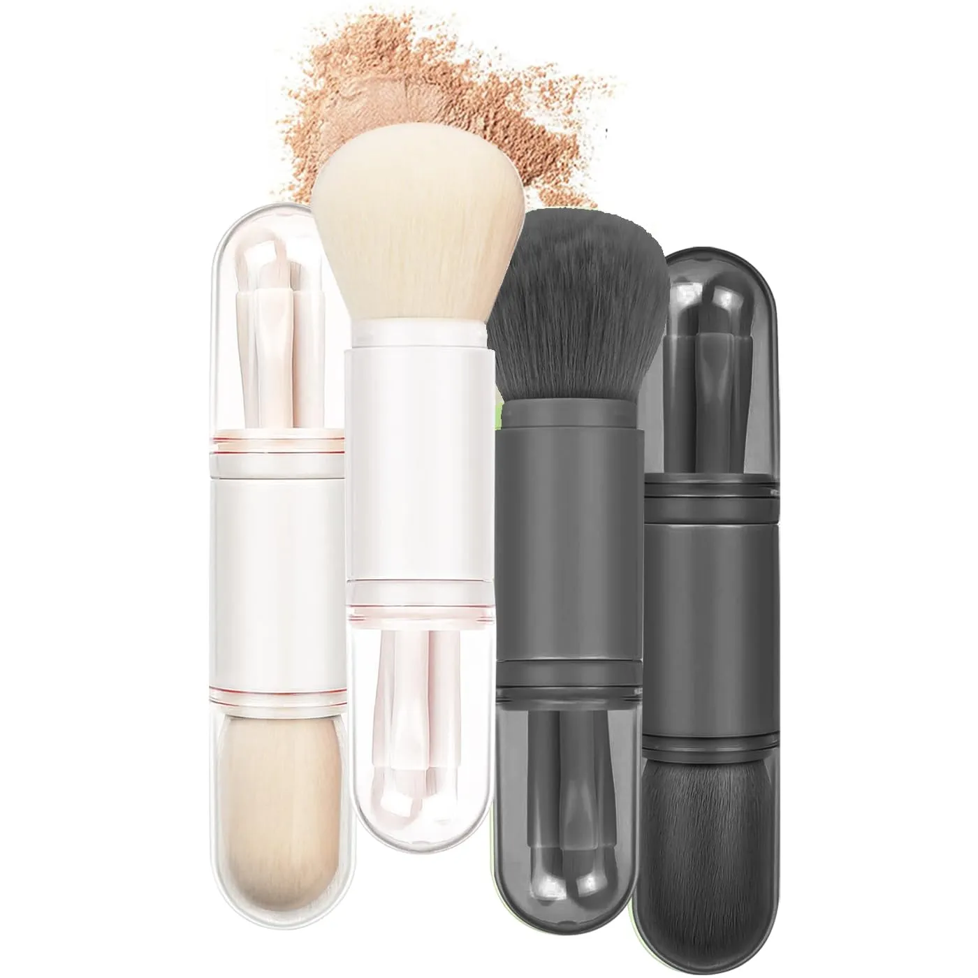 Portable Makeup Brushes Set, Retractable Travel Make Up Brush Women Face Makeup Brushes for Eyeshadow Highlight Concealer Blending Powder Brush 4-in-1Mini Cosmetics Brush Set (Black White)