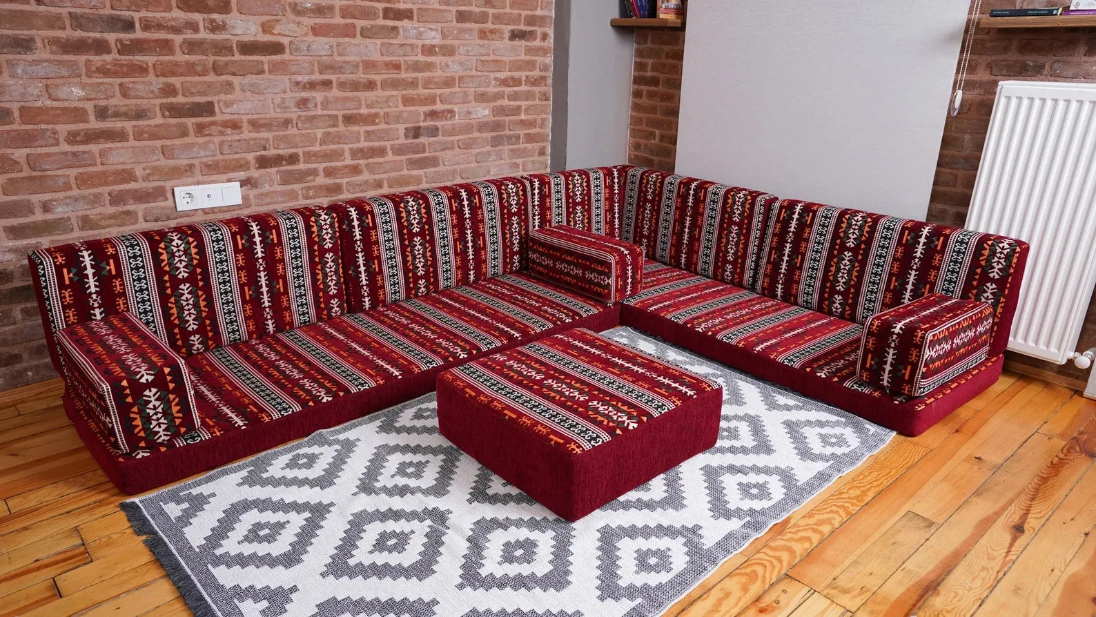 Premium L Shaped Red Arabic Sofa Set, Floor Cushions, Arabic Seating Floor Sofa, Backrest Pillow, Moroccan Sofas, Arabic Majlis, Indoor Sofa, Living Roorm Sofas