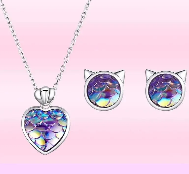 Purple Mermaid Heart & Round Jewelry Set