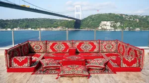 Red Color Floor Sofa, U Shaped Arabic Sofa Set, Sectional Pallet Sofa, Indoor Floor Cushion, Moroccan Livingroom Home Decor