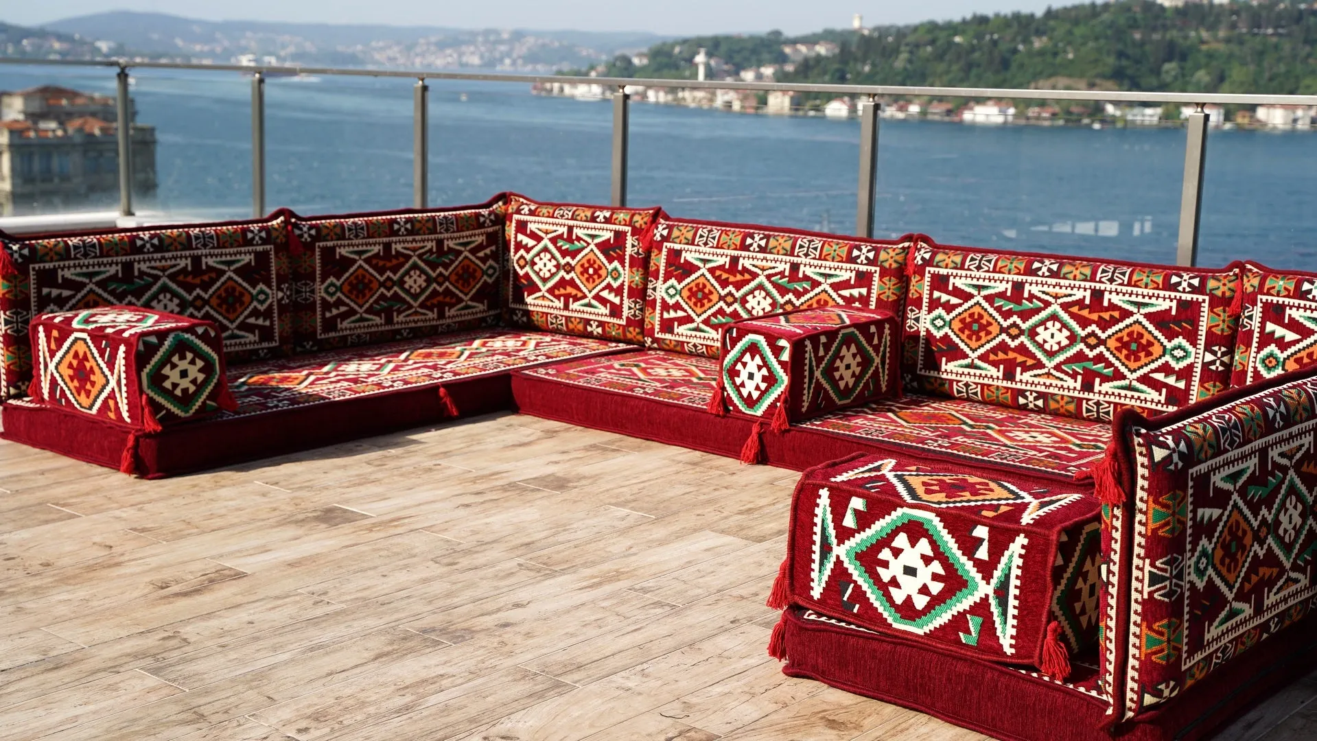 Red Color U Shaped Arabic Sofa Set, Arabic Majlis, Turkish Floor Seating Set, Oriental Floor Couches