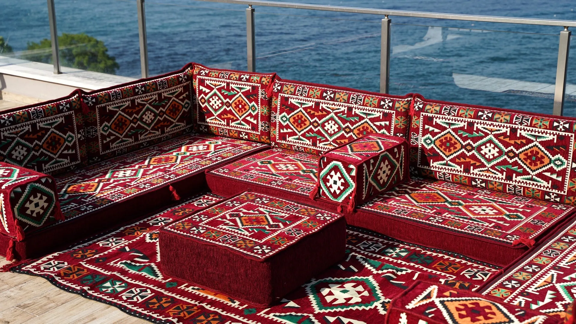 Red Color U Shaped Arabic Sofa Set, Arabic Majlis, Turkish Floor Seating Set, Oriental Floor Couches