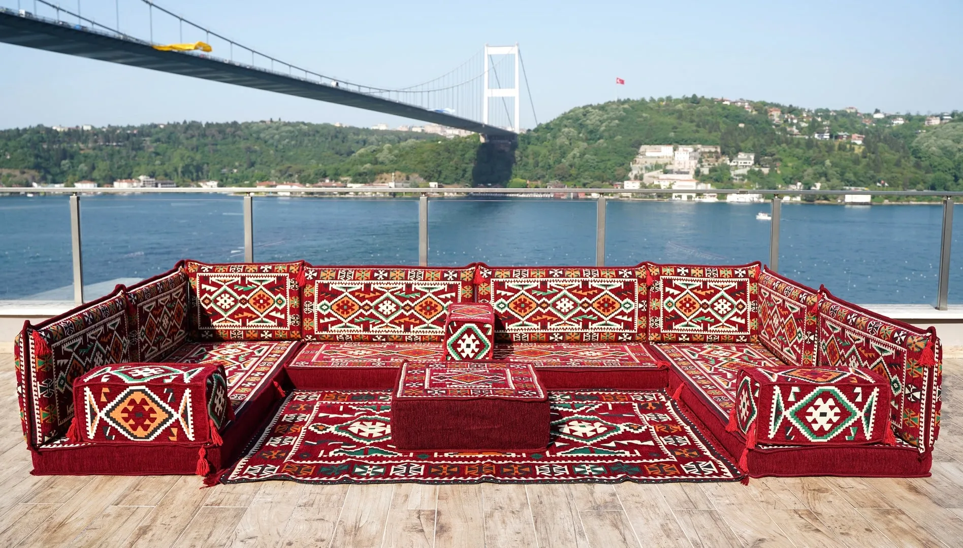Red Color U Shaped Arabic Sofa Set, Arabic Majlis, Turkish Floor Seating Set, Oriental Floor Couches