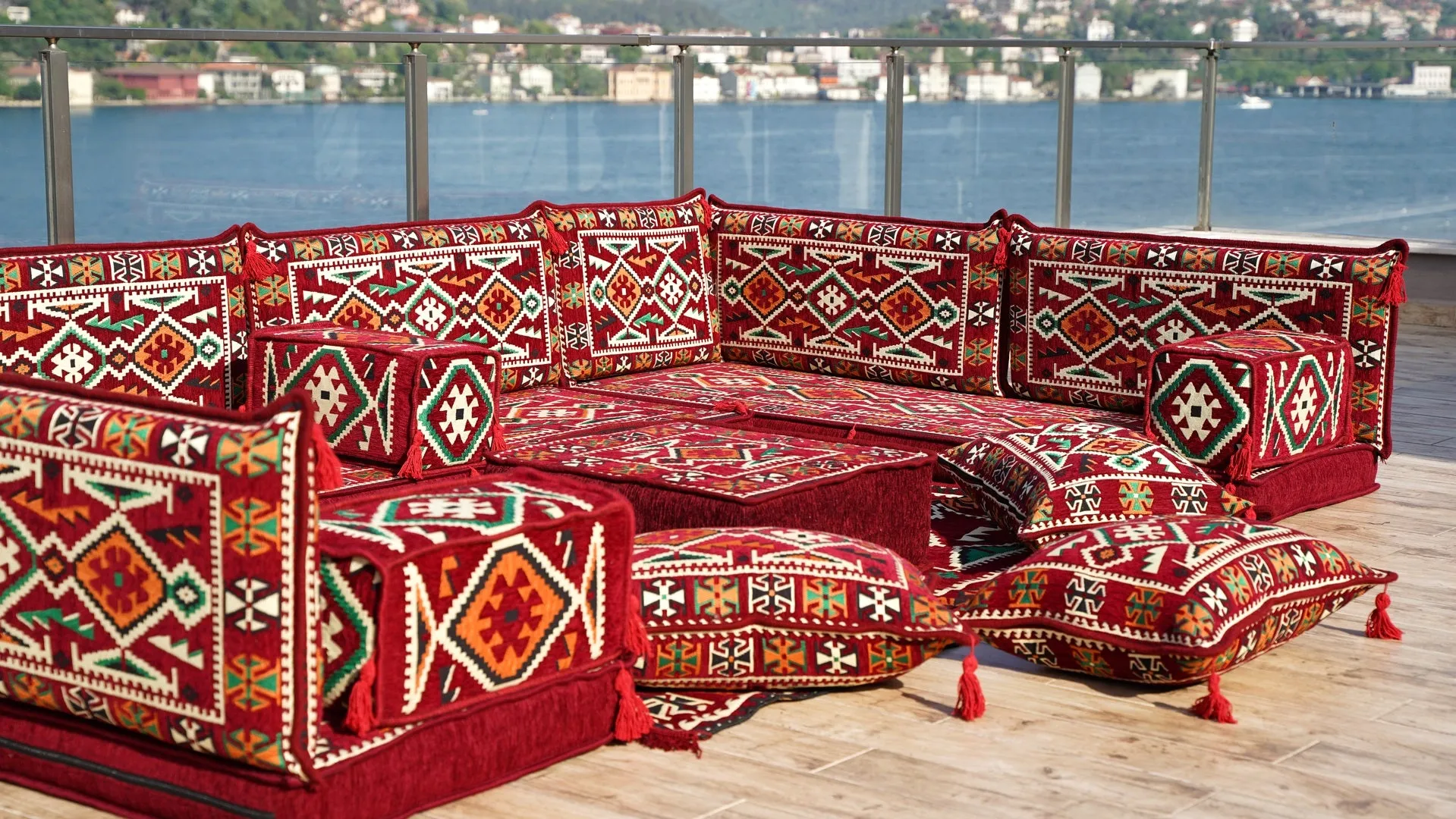 Red Color U Shaped Arabic Sofa Set, Arabic Majlis, Turkish Floor Seating Set, Oriental Floor Couches