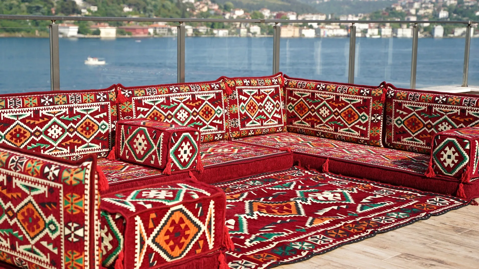 Red Color U Shaped Arabic Sofa Set, Arabic Majlis, Turkish Floor Seating Set, Oriental Floor Couches
