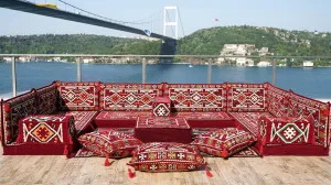 Red Color U Shaped Arabic Sofa Set, Arabic Majlis, Turkish Floor Seating Set, Oriental Floor Couches