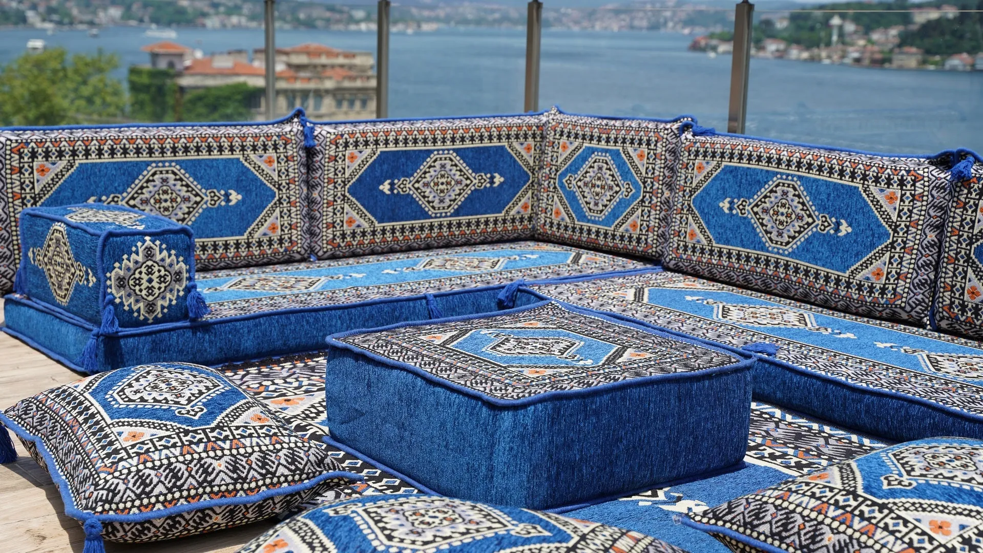 Royal Blue L Shaped Arabic Sofa Set, Floor Sofa Seating Set, Oriental Floor Seating, Floor Cushions, Arabic Lounge, Arabic Majlis