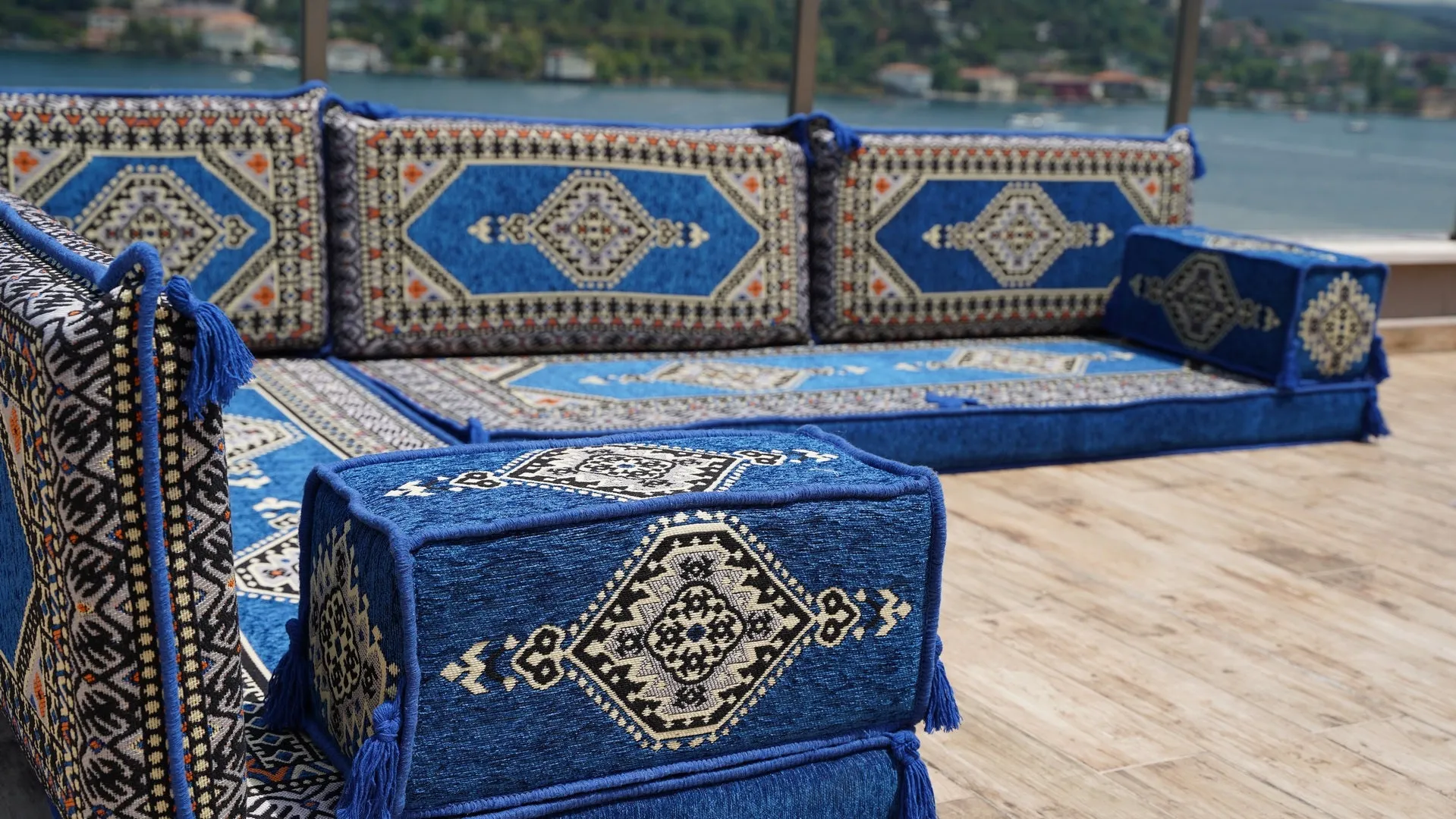 Royal Blue L Shaped Arabic Sofa Set, Floor Sofa Seating Set, Oriental Floor Seating, Floor Cushions, Arabic Lounge, Arabic Majlis
