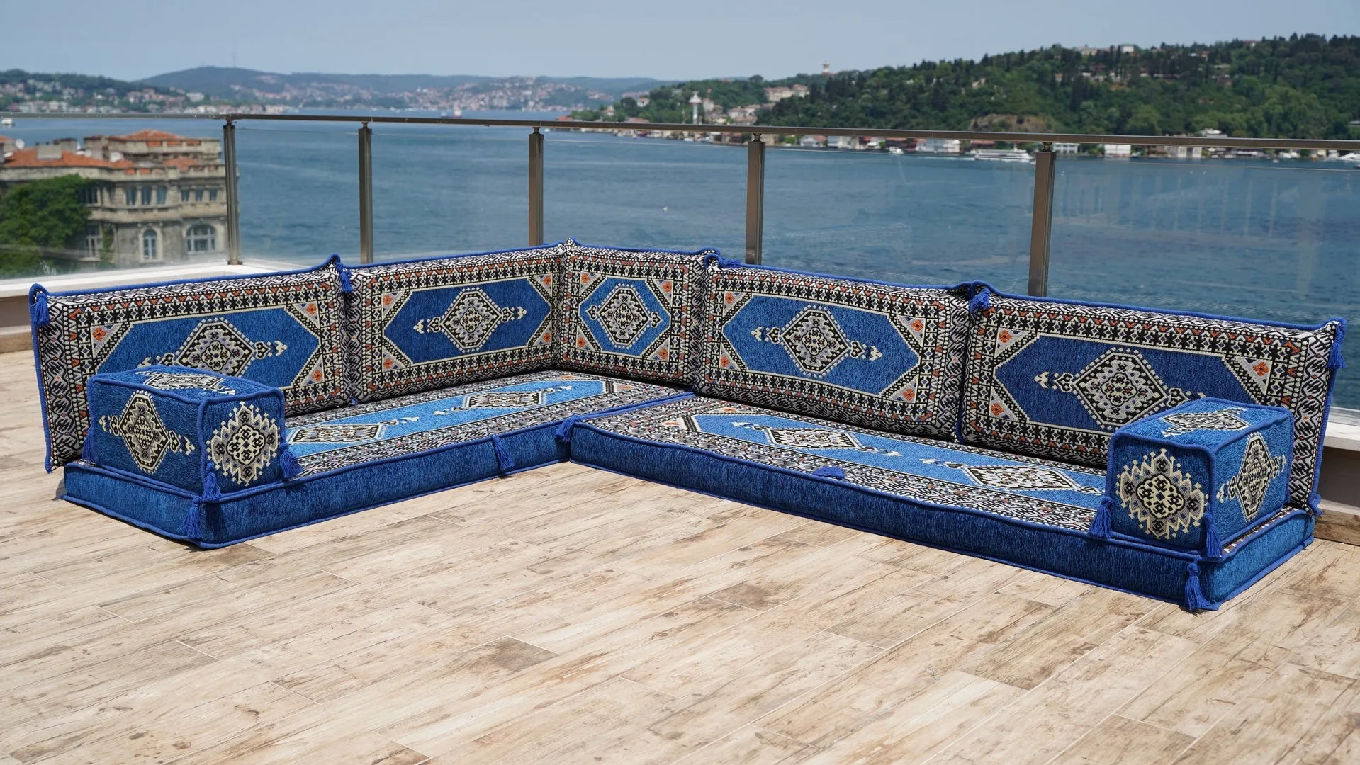 Royal Blue L Shaped Arabic Sofa Set, Floor Sofa Seating Set, Oriental Floor Seating, Floor Cushions, Arabic Lounge, Arabic Majlis