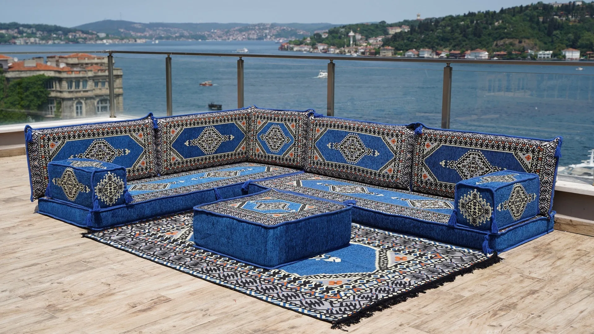 Royal Blue L Shaped Arabic Sofa Set, Floor Sofa Seating Set, Oriental Floor Seating, Floor Cushions, Arabic Lounge, Arabic Majlis