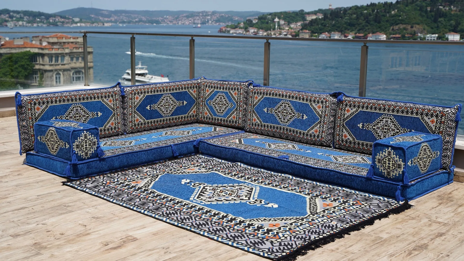 Royal Blue L Shaped Arabic Sofa Set, Floor Sofa Seating Set, Oriental Floor Seating, Floor Cushions, Arabic Lounge, Arabic Majlis