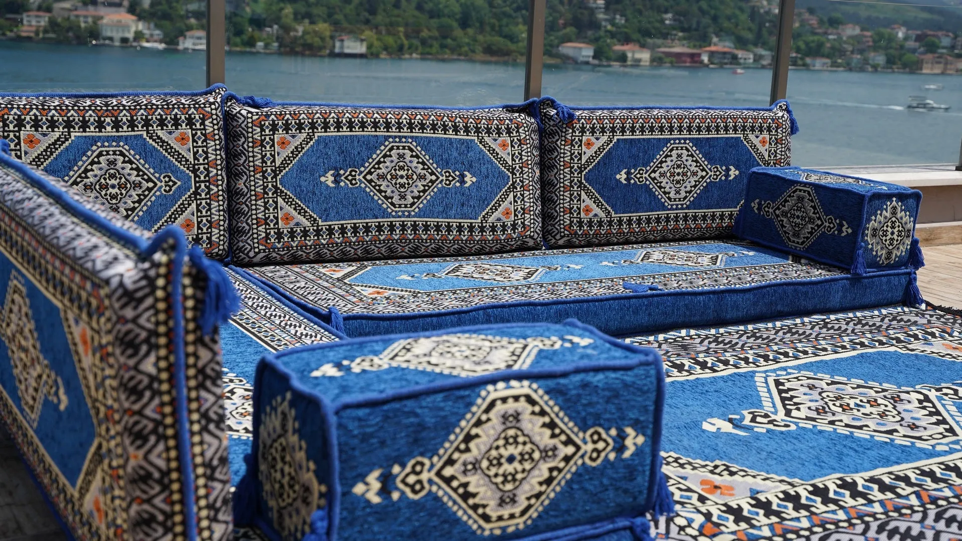 Royal Blue L Shaped Arabic Sofa Set, Floor Sofa Seating Set, Oriental Floor Seating, Floor Cushions, Arabic Lounge, Arabic Majlis