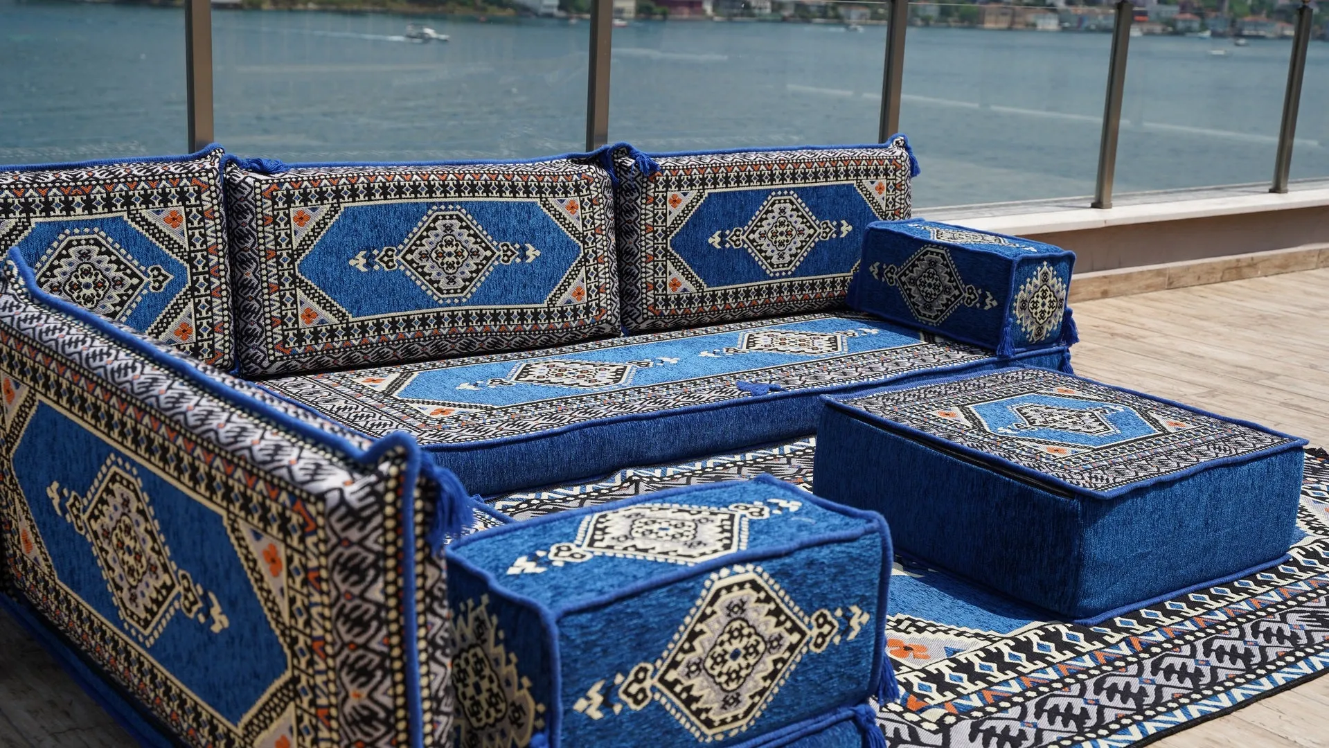 Royal Blue L Shaped Arabic Sofa Set, Floor Sofa Seating Set, Oriental Floor Seating, Floor Cushions, Arabic Lounge, Arabic Majlis