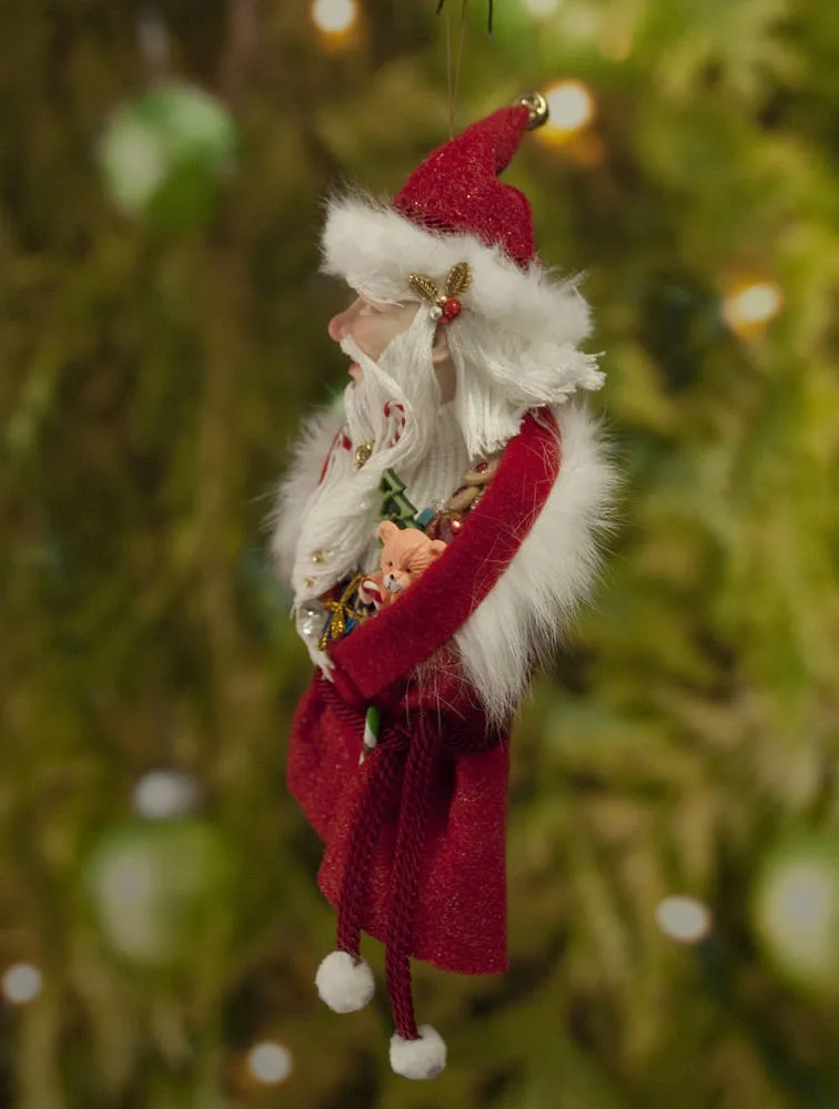 Santa Claus Christmas decor - Flowing white beard sprinkled with candy canes - White fur trimmed red coat & cap with gold jingling bell