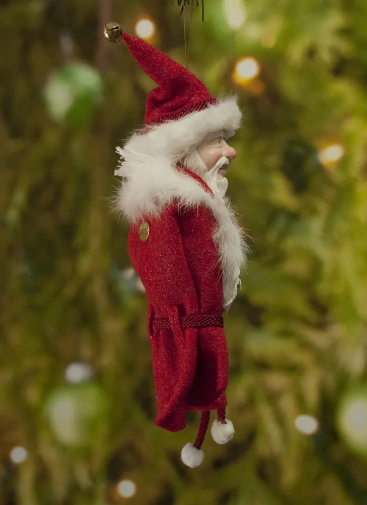Santa Claus Christmas decor - Flowing white beard sprinkled with candy canes - White fur trimmed red coat & cap with gold jingling bell