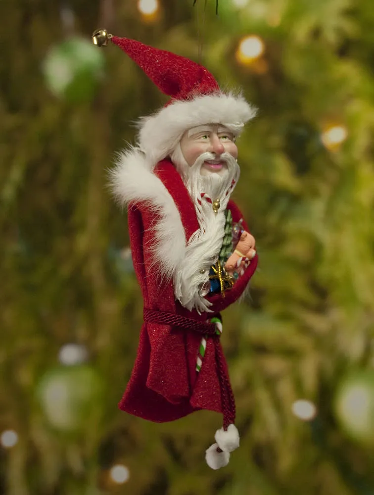 Santa Claus Christmas decor - Flowing white beard sprinkled with candy canes - White fur trimmed red coat & cap with gold jingling bell
