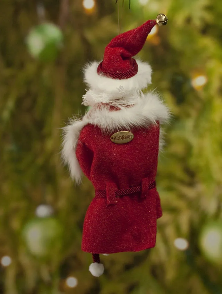 Santa Claus Christmas decor - Flowing white beard sprinkled with candy canes - White fur trimmed red coat & cap with gold jingling bell