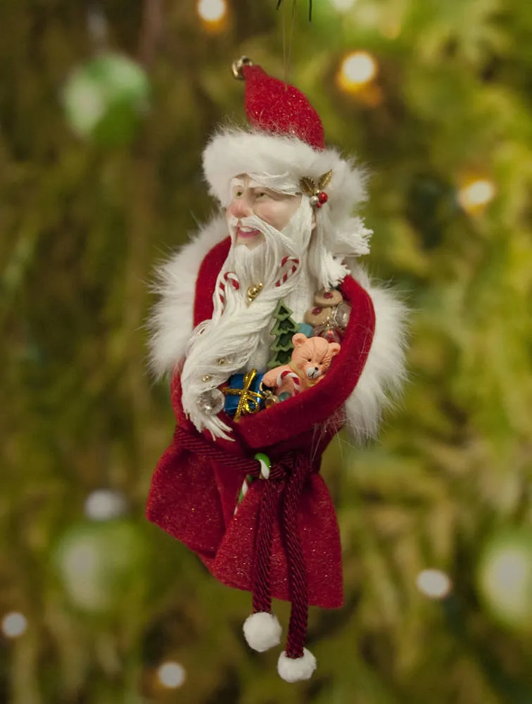 Santa Claus Christmas decor - Flowing white beard sprinkled with candy canes - White fur trimmed red coat & cap with gold jingling bell