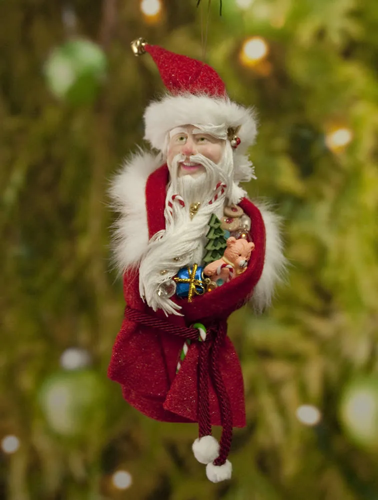 Santa Claus Christmas decor - Flowing white beard sprinkled with candy canes - White fur trimmed red coat & cap with gold jingling bell