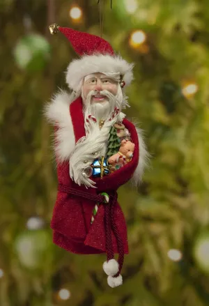 Santa Claus Christmas decor - Flowing white beard sprinkled with candy canes - White fur trimmed red coat & cap with gold jingling bell