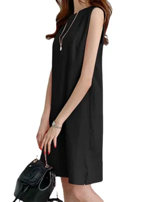 Solid H-Shaped Cotton Sleeveless Round Neck Casual Midi Dress
