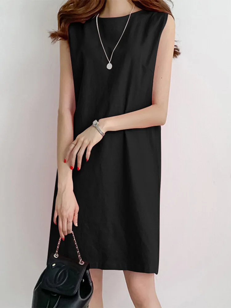 Solid H-Shaped Cotton Sleeveless Round Neck Casual Midi Dress
