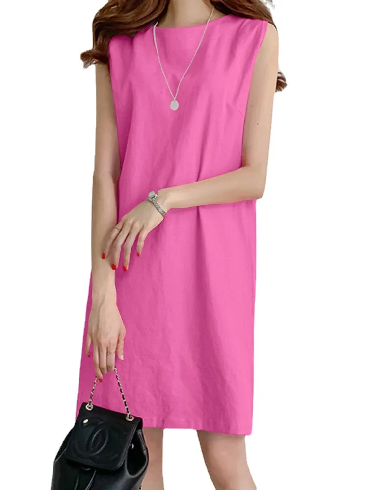 Solid H-Shaped Cotton Sleeveless Round Neck Casual Midi Dress