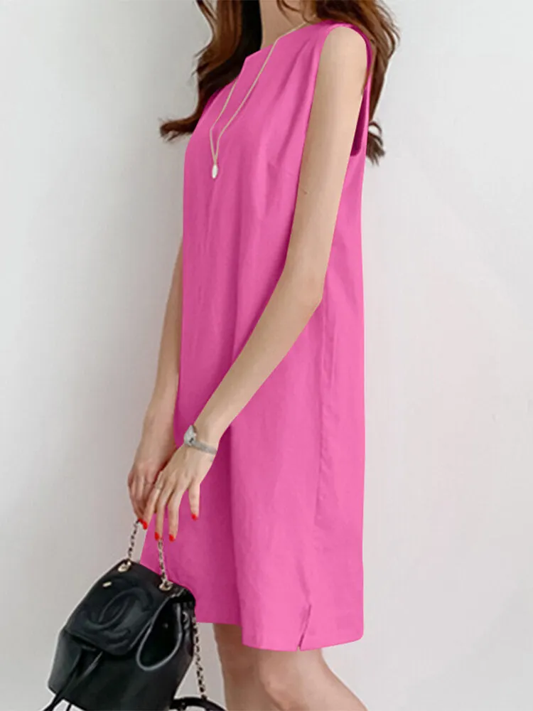 Solid H-Shaped Cotton Sleeveless Round Neck Casual Midi Dress