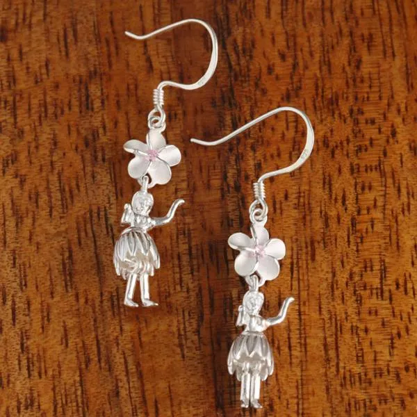 Sterling Silver 8mm Plumeria with Pink CZ and Hula Dancer Hook Earrings