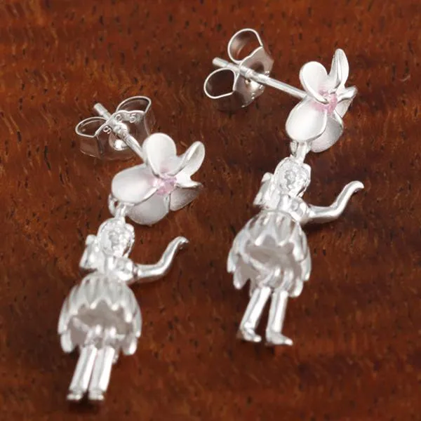 Sterling Silver 8mm Plumeria with Pink CZ and Hula Dancer Post Earrings