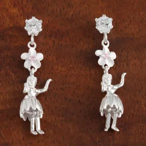 Sterling Silver CZ, 6mm Plumeria with Pink CZ and Hula Dancer Post Earrings