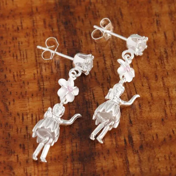 Sterling Silver CZ, 6mm Plumeria with Pink CZ and Hula Dancer Post Earrings