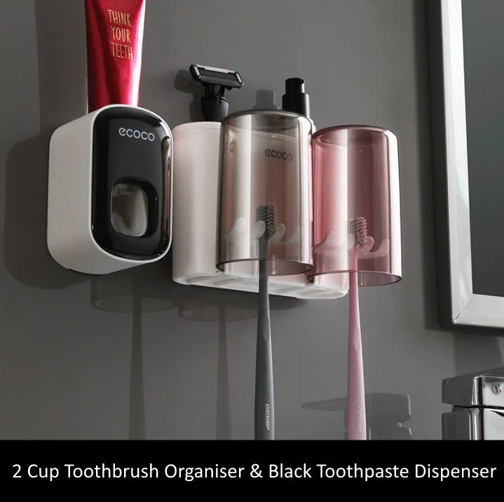 Toothbrush Holder Organiser with Standalone Toothpaste Dispenser 2 Cup