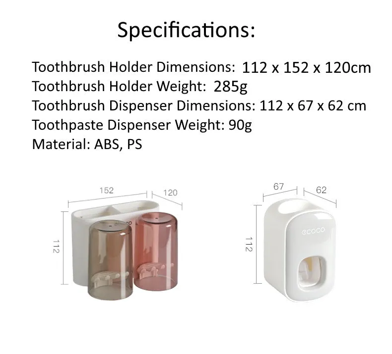 Toothbrush Holder Organiser with Standalone Toothpaste Dispenser 2 Cup