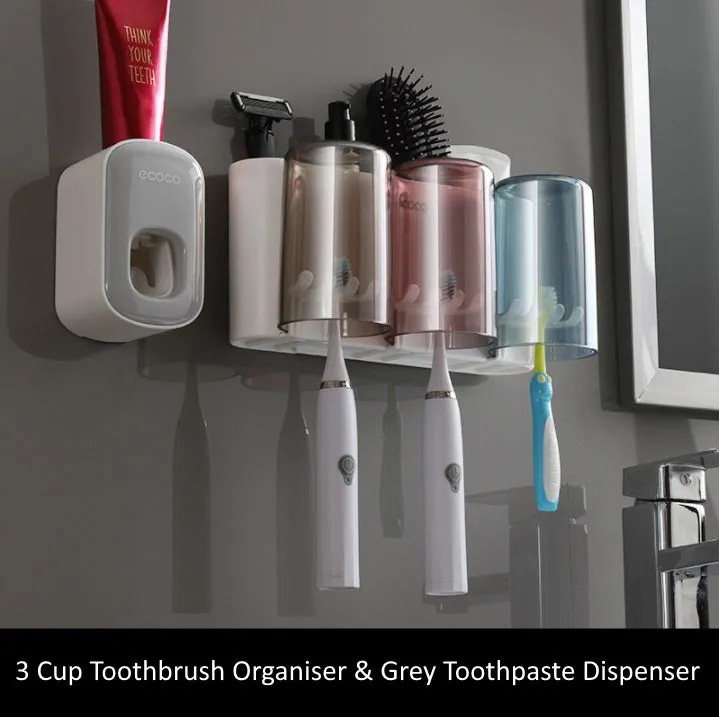 Toothbrush Holder Organiser with Standalone Toothpaste Dispenser 3 Cup