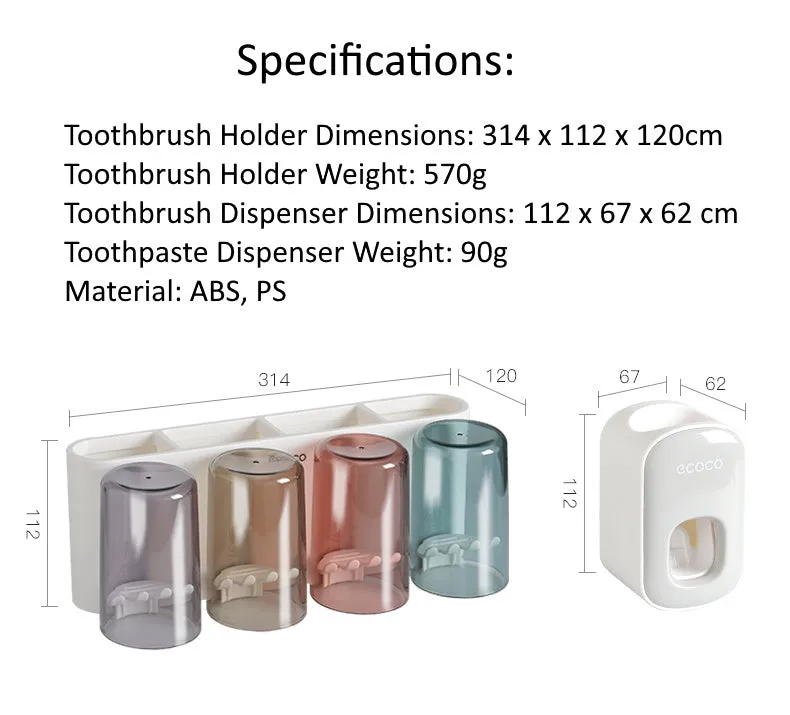 Toothbrush Holder Organiser with Standalone Toothpaste Dispenser 4 Cup