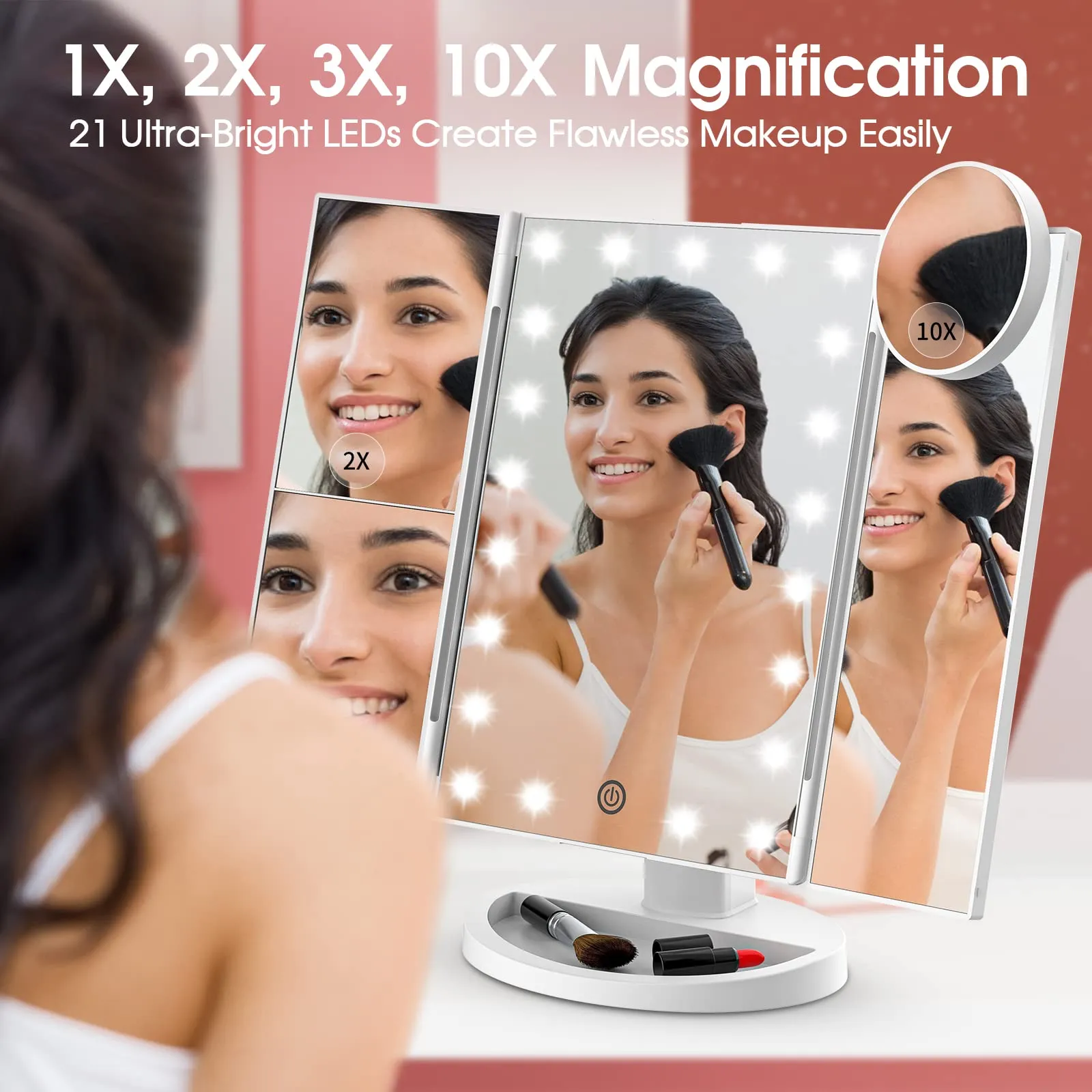 Trifold LED Makeup Mirror with 10X Magnification