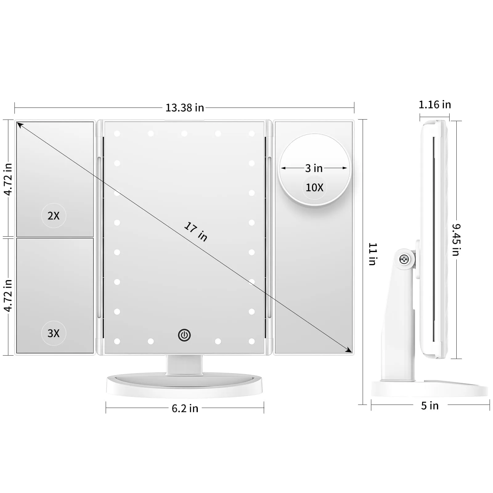 Trifold LED Makeup Mirror with 10X Magnification