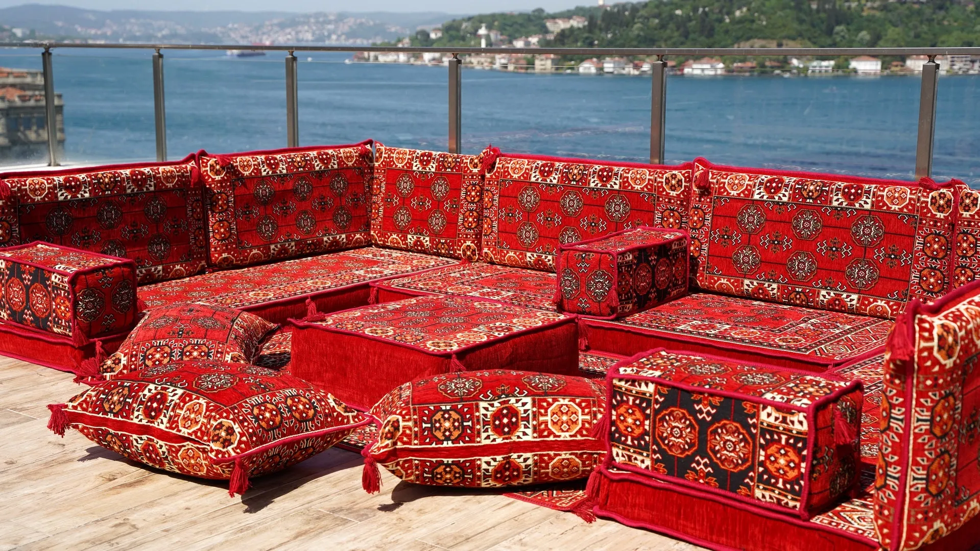 U Shaped Red Arabic Floor Sofa Set, Floor Cushions, Balcony Patio Sofas, Pallet Sofa, Ethnic Sofa, Moroccan Sofas