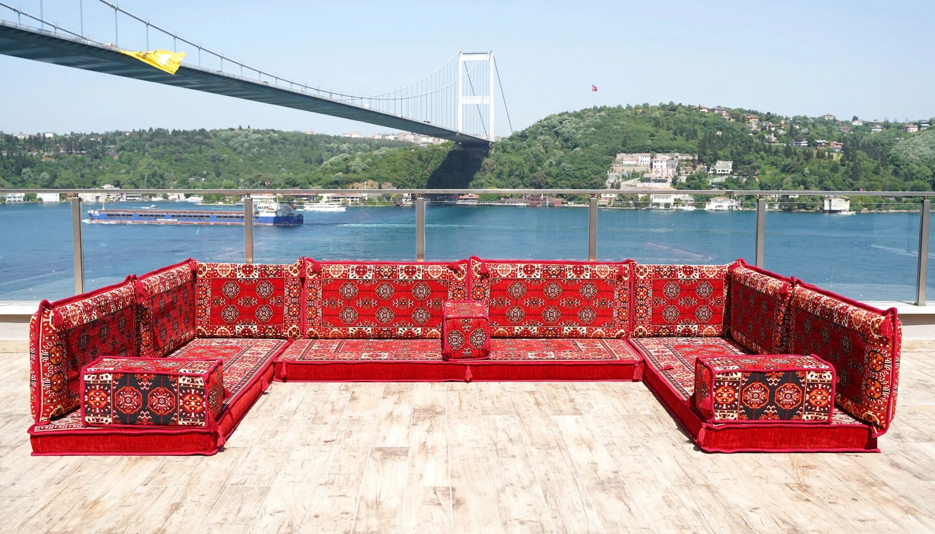 U Shaped Red Arabic Floor Sofa Set, Floor Cushions, Balcony Patio Sofas, Pallet Sofa, Ethnic Sofa, Moroccan Sofas