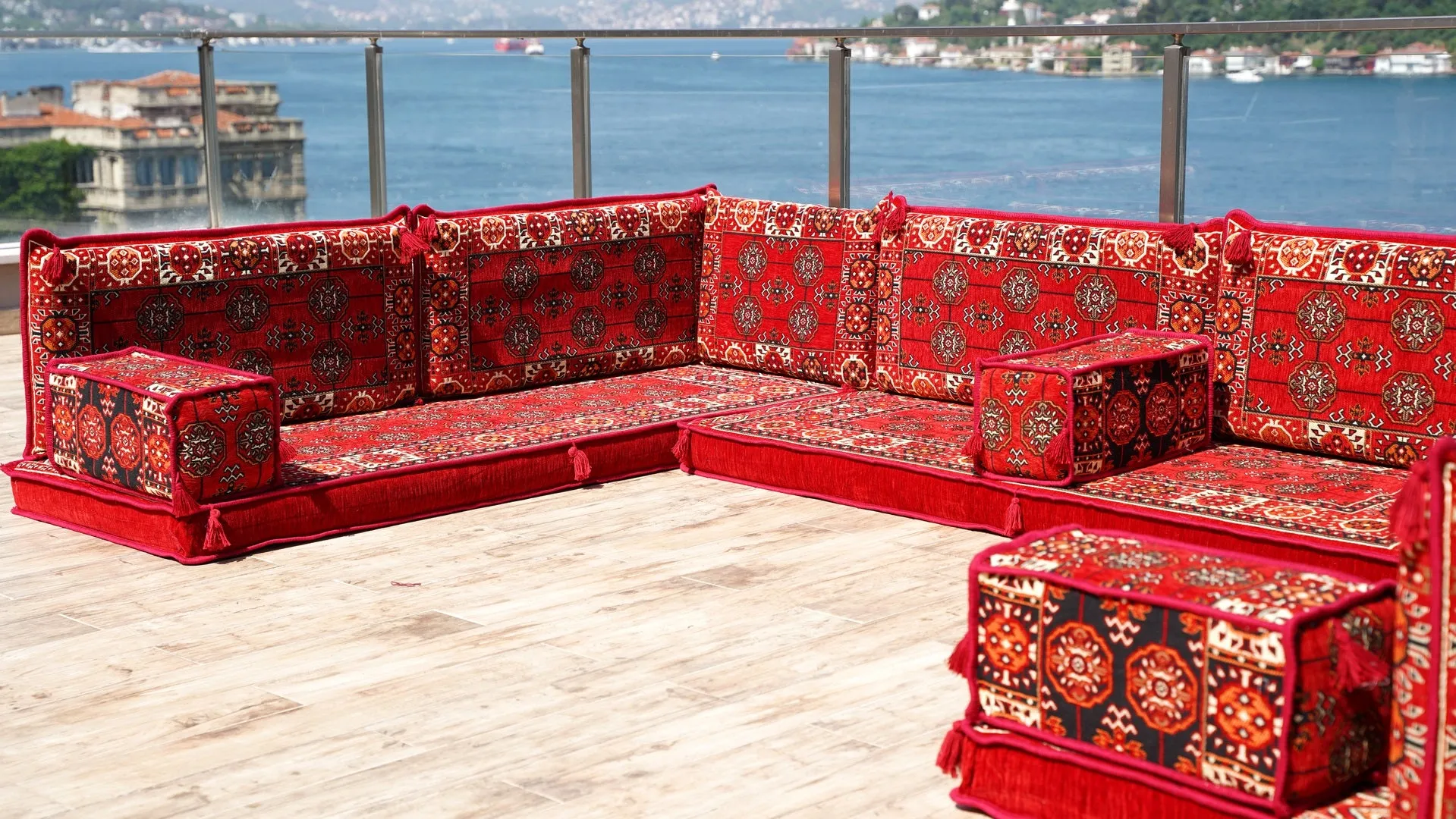 U Shaped Red Arabic Floor Sofa Set, Floor Cushions, Balcony Patio Sofas, Pallet Sofa, Ethnic Sofa, Moroccan Sofas
