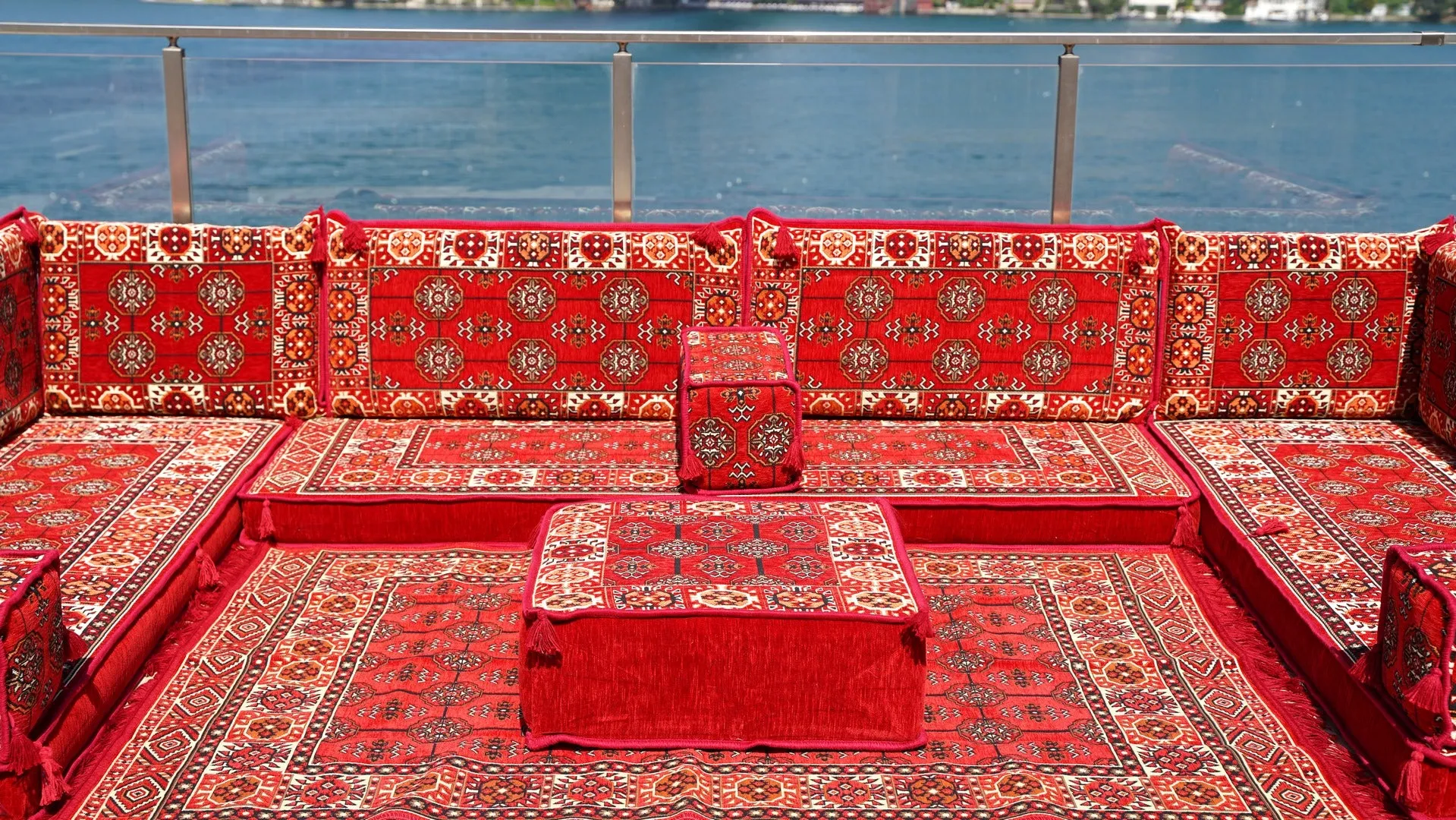 U Shaped Red Arabic Floor Sofa Set, Floor Cushions, Balcony Patio Sofas, Pallet Sofa, Ethnic Sofa, Moroccan Sofas