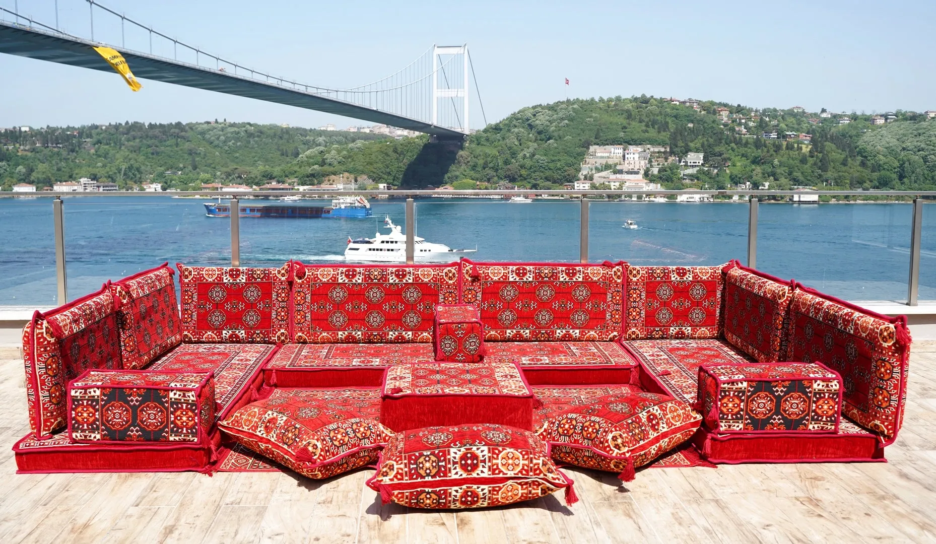 U Shaped Red Arabic Floor Sofa Set, Floor Cushions, Balcony Patio Sofas, Pallet Sofa, Ethnic Sofa, Moroccan Sofas