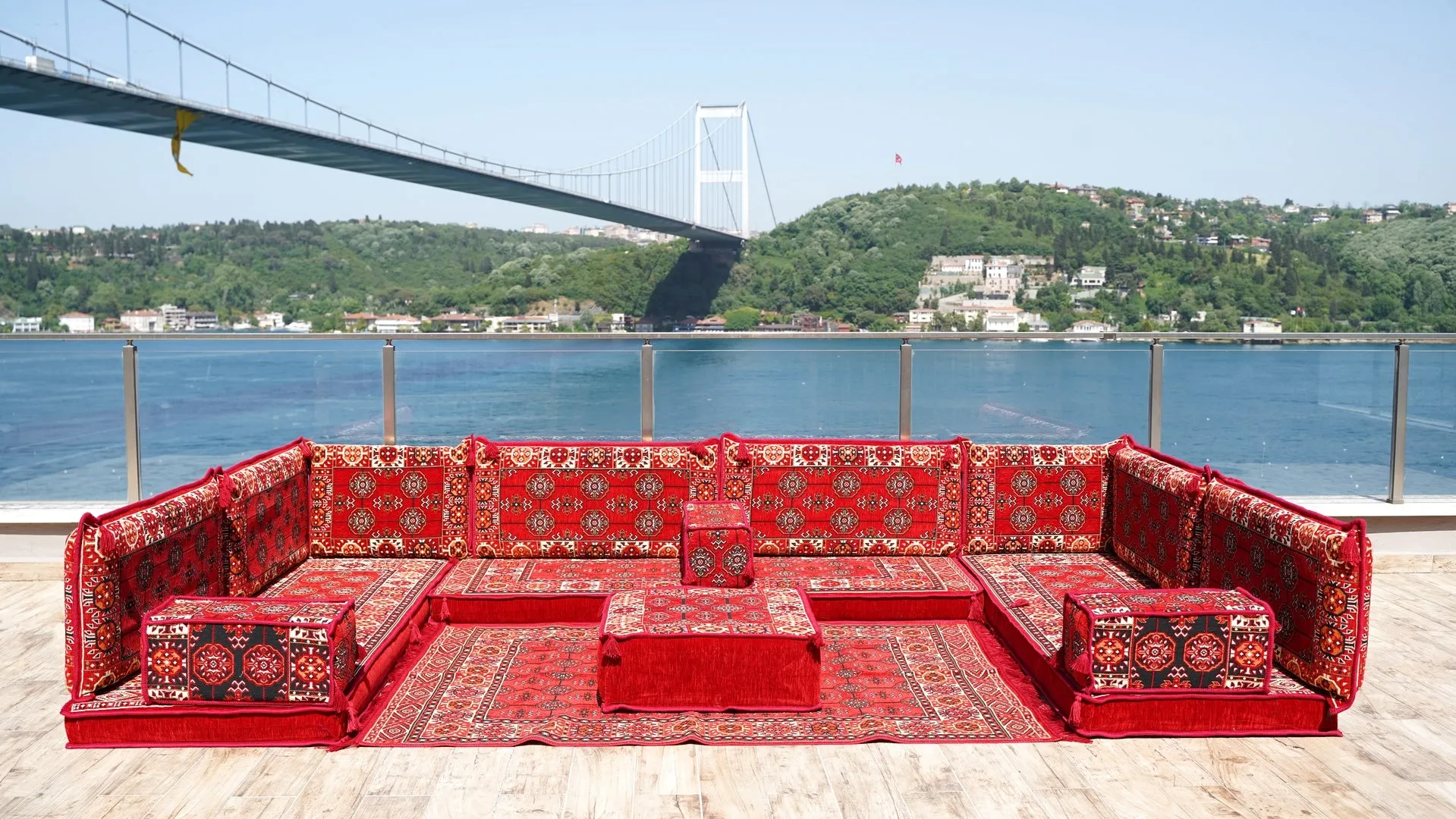 U Shaped Red Arabic Floor Sofa Set, Floor Cushions, Balcony Patio Sofas, Pallet Sofa, Ethnic Sofa, Moroccan Sofas