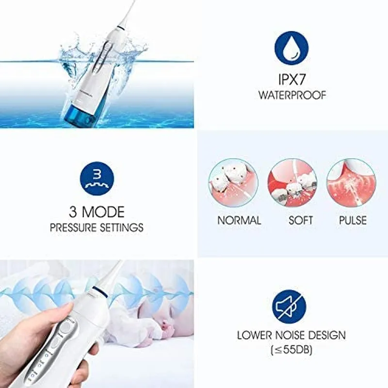 Water Flosser Cordless Oral Irrigator Rechargeable Dental Water Jet HOC700 for Teeth Braces with 300ML Water Tank and 8 Jet Tips for Travel & Home Use